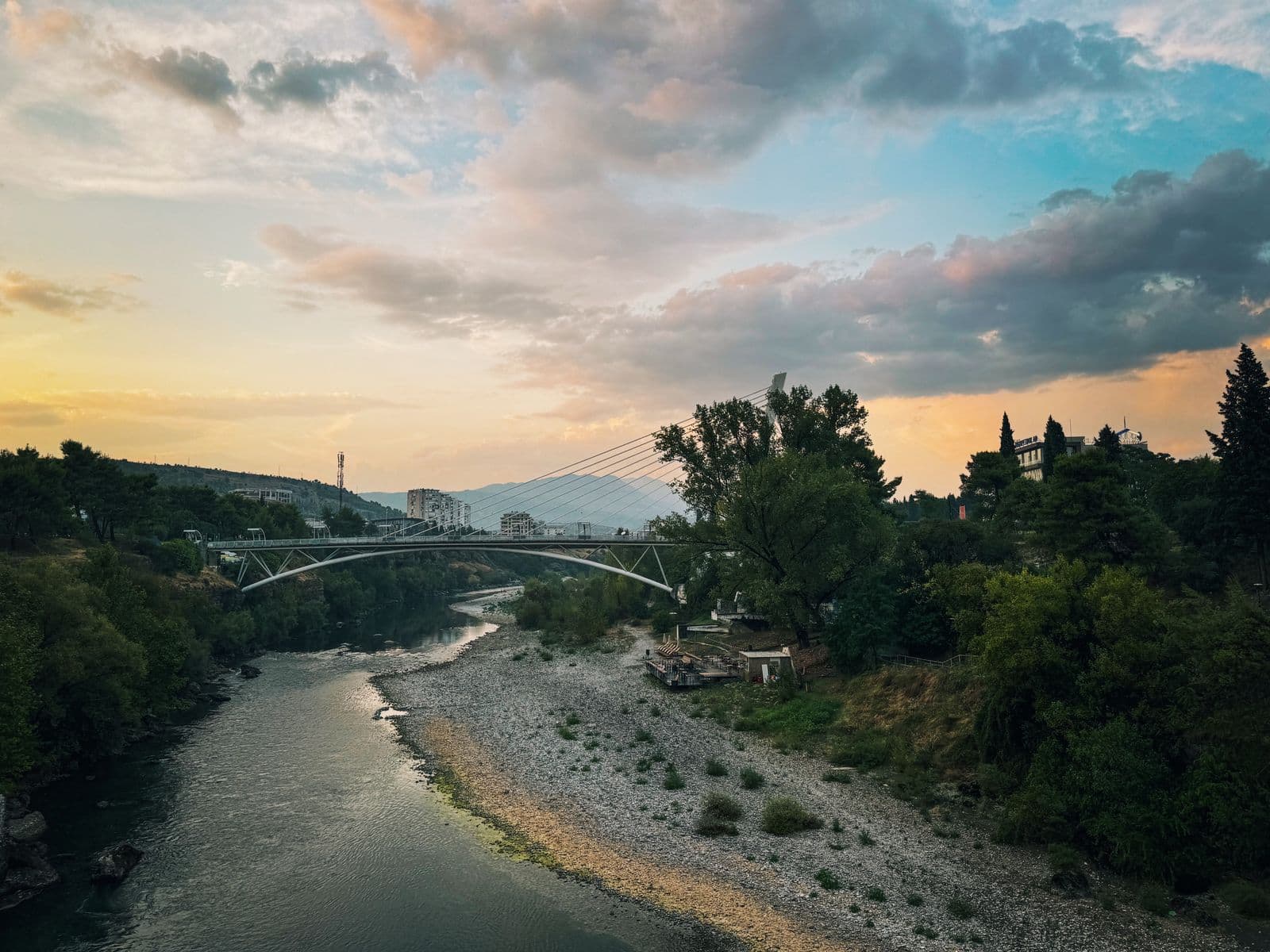 The Millennium Bridge over the Morača in Podgorica at sunset
